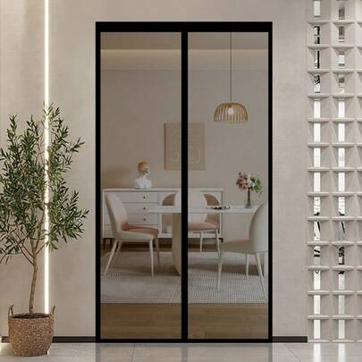 1pc Fashionable Black Fiberglass Magnetic Mosquito Net Door Curtain, Summer Breathable Fly Screen Automatic Closing Door Curtain For Garage, Bedroom, Balcony, Kitchen