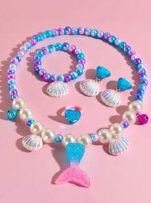 4pcs/Set Mermaid Princess Pearl Beaded Jewelry Set, DIY Necklace Cute Creative Accessories For Kids