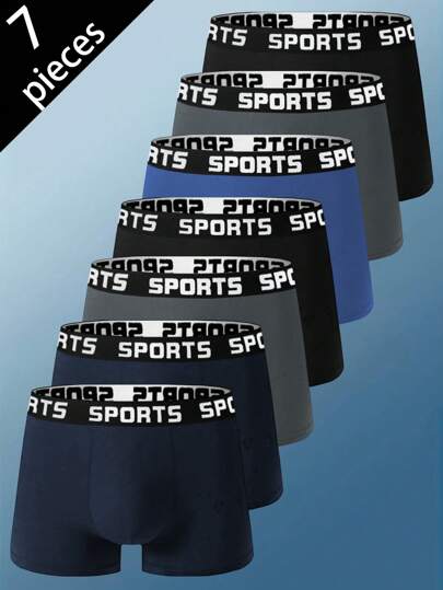 7-Pcs Men's Fashion Solid Color Minimalist Style Ultra High Stretch Letter Waistband For Daily Casual Comfort High-Quality Fabric Boxer Briefs