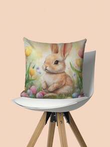 Easter-Themed 4pcs Pillowcase Set, Rabbit And Floral Design, Soft Polyester, Zipper Closure, Suitable For Various Room Types - No Insert Included, Skin-Friendly, Living Room Sofa
