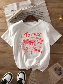 Let's Create Some Trouble  Cartoon Letter Graphic Print T Shirt, Short Sleeve Crew Neck Casual Top For Summer & Spring, Women's T-Shirt - 白色 - 查看 1