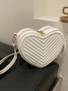 1 pieza Bolso pequeño de unicolor simple y elegante para niñas, nueva bolsa de mensajero de hombro con textura en forma de corazón, material de PU, bolso de corazón de niña de moda, bolso de mensajero de hombro a cuadros elegante y versátil con cierre de cremallera, muy adecuado para salidas y citas