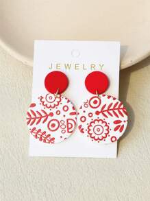 1 Pair Women Minimalist Floral Printed Resin Acrylic Round Elegant Cute Earrings