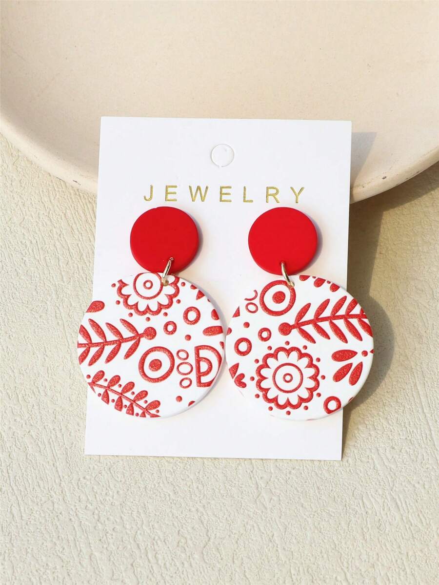 1 Pair Women Minimalist Floral Printed Resin Acrylic Round Elegant Cute Earrings