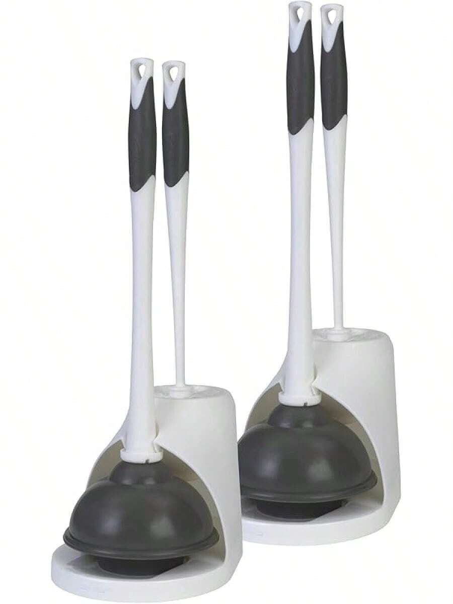 Clorox Toilet Bowl Brush & Plunger Combo Set With Storage Caddy-Toilet Plunger For Bathroom, Bathroom Organizers & Storage, Bathroom Accessories, Toilet Unlogger, Long Handled Toilet Brush - 白色/灰色 - 查看 1