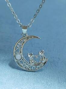 1pc Cute Kitty, Heart & Moon Pendant Necklace With Synthetic Crystal, Minimalist Design For Women