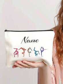 1pc Custom Gymnastics Pattern Makeup Bag - Personalized Name, Lightweight & Foldable Cosmetic Pouch, Polyester With Black Zipper, Ideal For Travel & Gifts, White, All-Purpose, Large Capacity, Versatile, Multifunction, Colorful, Cute, Adorable, Contracted, Funny, Kawaii, Y2K, Minimalist, Commuting, Business Casual, Basics, Custom, For Anniversaries, For Birthdays, For Holiday/ Vacation, For Outdoors/Outings/Travel/Hiking/Stadium/Sports/Climbing, For Business/Commute/Work/Office, Vacation, Vacation