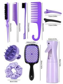 Bộ dụng cụ tạo kiểu tóc xoăn 6/14 món, bao gồm: Lược duỗi tóc, lược răng rỗng, bình xịt, cọ gội đầu, lược răng thưa có móc, lược tạo độ phồng, lược đuôi nhọn, lược chải viền tóc (dành cho viền tóc thô/mịn và tạo kiểu phía sau), phù hợp với các dụng cụ tạo kiểu tóc xoăn tự nhiên và nhiều phụ kiện tóc khác. Sản phẩm thiết yếu cho tiệm làm tóc, salon, du lịch, chăm sóc tóc, phụ kiện tóc. - Đen + Tím - Xem 6