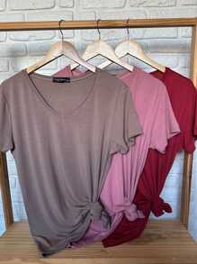 Kit 3 Blouses Women's T-Shirt Plus Size Short Sleeve V-Neck T-Shirt Viscolaycra Premium - Multifärgad - Visa 1