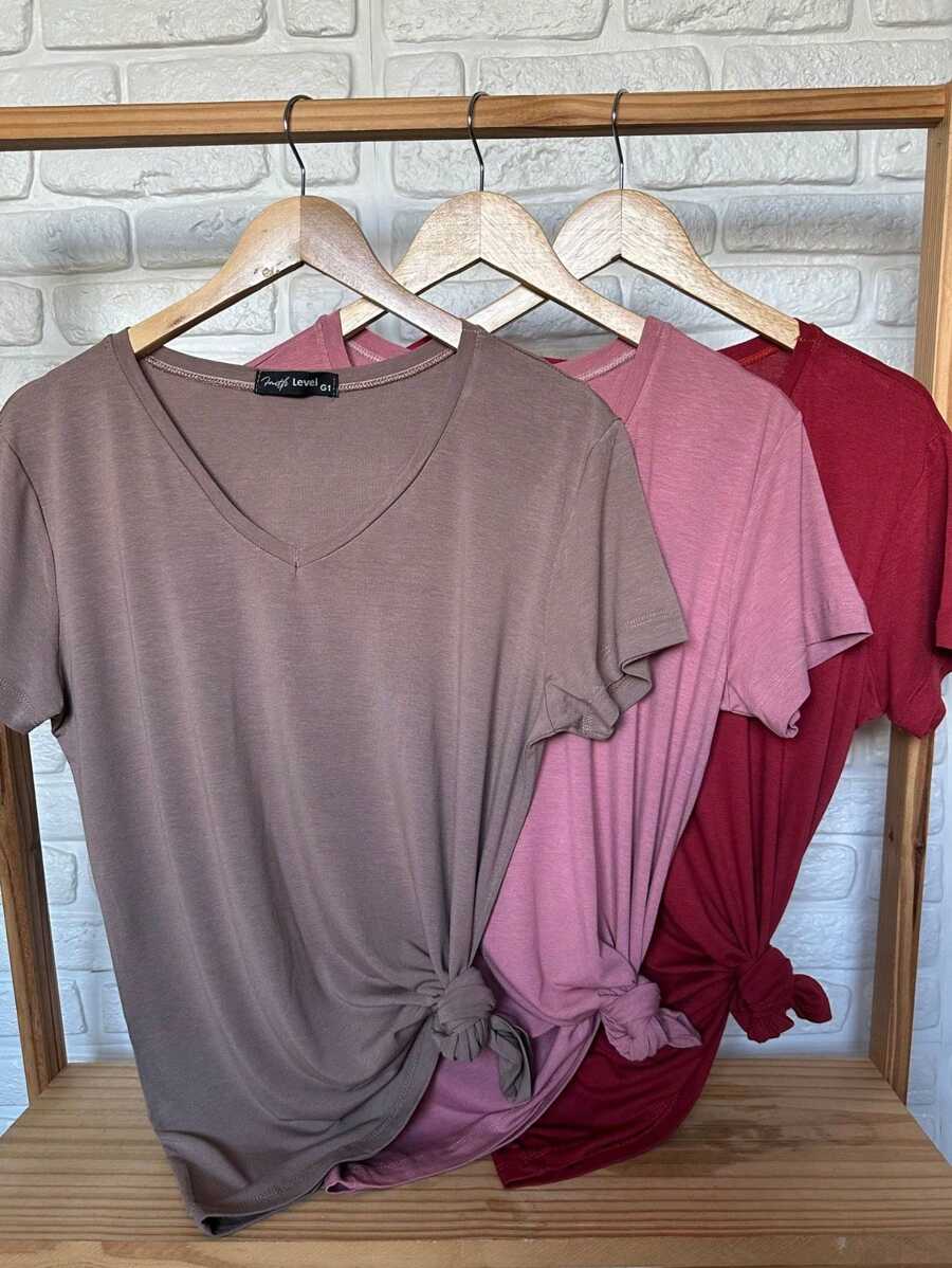 Kit 3 Blouses Women's T-Shirt Plus Size Short Sleeve V-Neck T-Shirt Viscolaycra Premium - Multifärgad - Visa 1