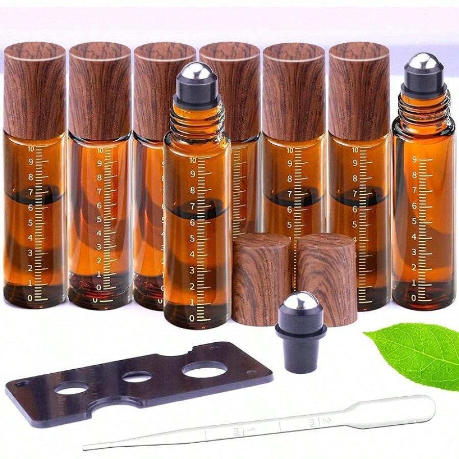 24pcs Essential Oil Roller Bottles With Scale, 1/3 Oz Amber Glass Roller Balls For Essential Oils, 10ml Empty Rollerball Bottles For Travel Refillable Roll On Perfume (Amber)
