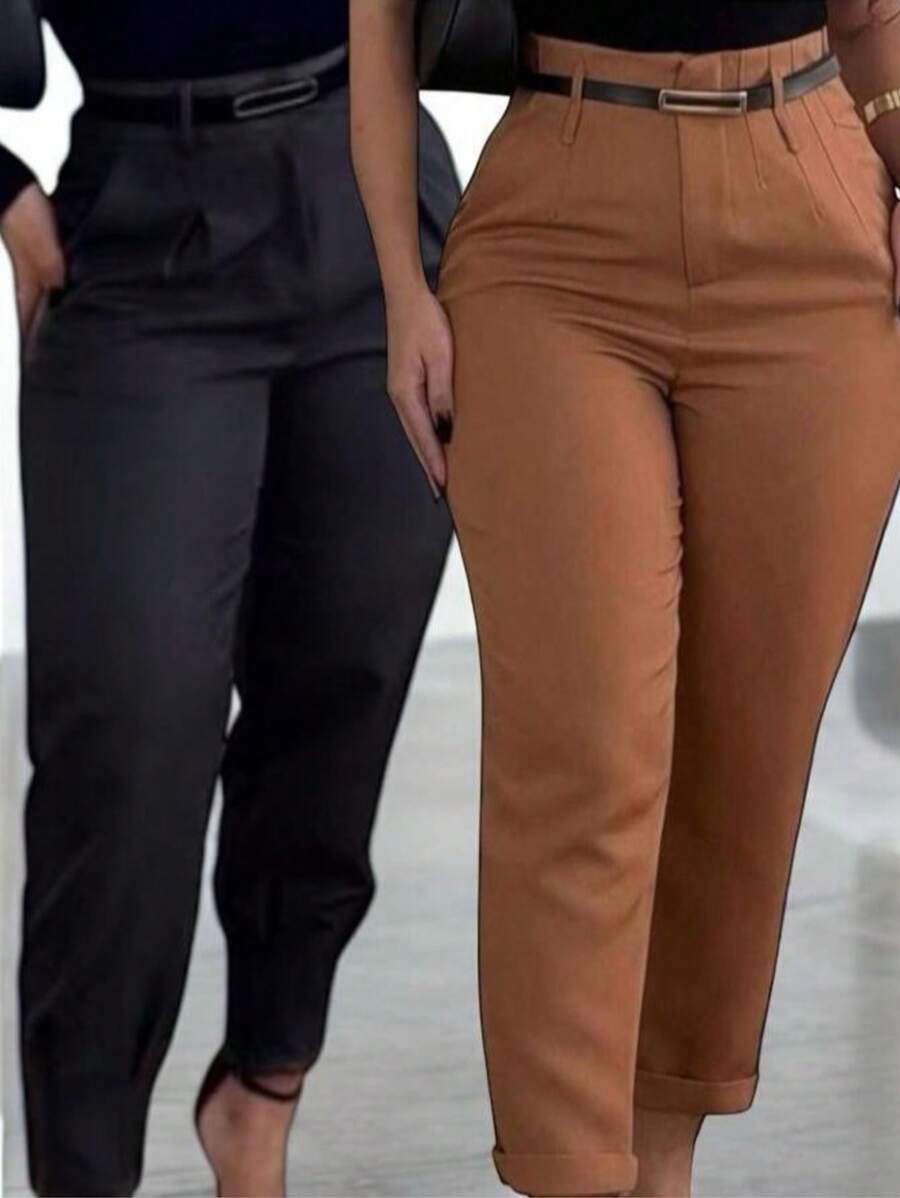 Kit 2 Trousers With Belt Women's Tailoring Carrot Casual Social - 黑色 棕色 - 查看 1