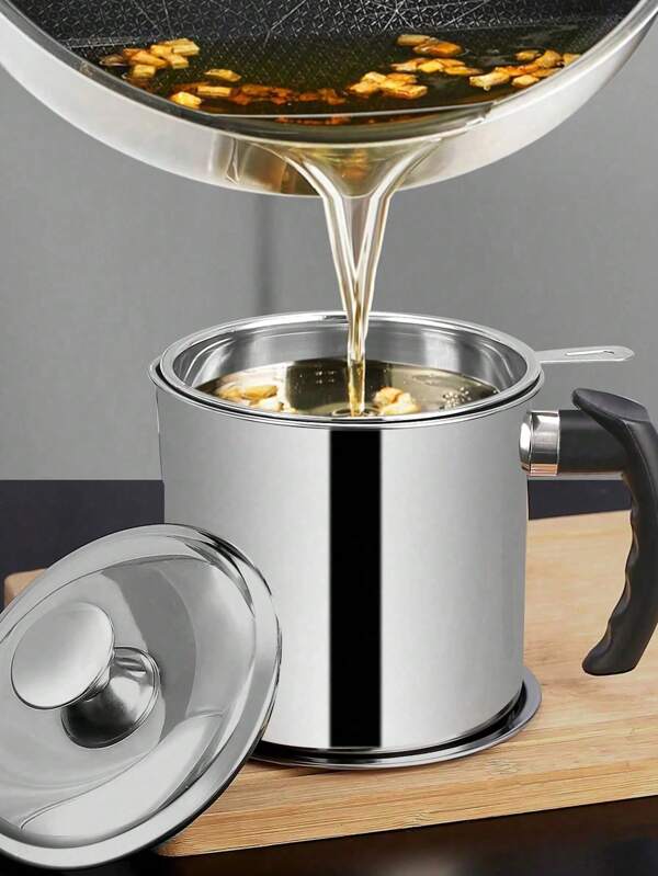 1pc Stainless Steel Oil Filter Pot With Filter Net, Fried Food Oil Container, Modern Multifunctional Kitchen Oil Pot