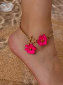 1pc Women Elegant Minimalist Anklet Gold Snake Chain With Pink Flower Pendant, Fashion Accessory For Beach Vacation - Hot Pink - View 8