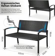 2 Seater Garden Bench Rattan, 122x62x90cm Polyrattan Bench Weatherproof, Balcony Bench, 320kg Load Capacity, Comfortable Garden Furniture Bench, Double-Sided Rattan Bench