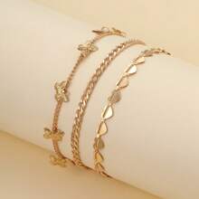3pcs Fashion Metal Beach Style Personalized Ins Simple Butterfly Heart 3-Piece Anklet Set For Women