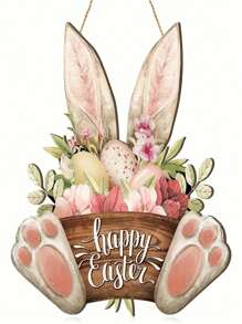 1pc Charming Easter Bunny Wooden Dream Catcher, 7"X7.87" - Unique Rabbit Ear And Paw Print Design, Colorful Flowers, "Happy Easter" Engraved - Suitable For Bedroom, Garden, Kitchen Decor, Rabbit Accessory Gifts Birthday Graduation