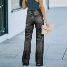 Women Ripped Denim Washed Jeans Multi-Pockets High Rise Straight Leg Full Length Pull-On Trousers - Black - View 2
