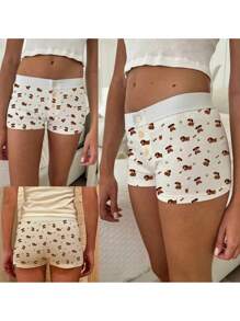 Pantalones cortos de pijama de mujer con estampado floral, botones y cintura elástica, cómodos shorts para dormir - Caqui - Ver 4