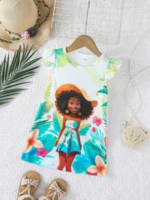 女童荷叶边盖袖花卉印花可爱卡通连衣裙，适合度假、海滩、日常穿着