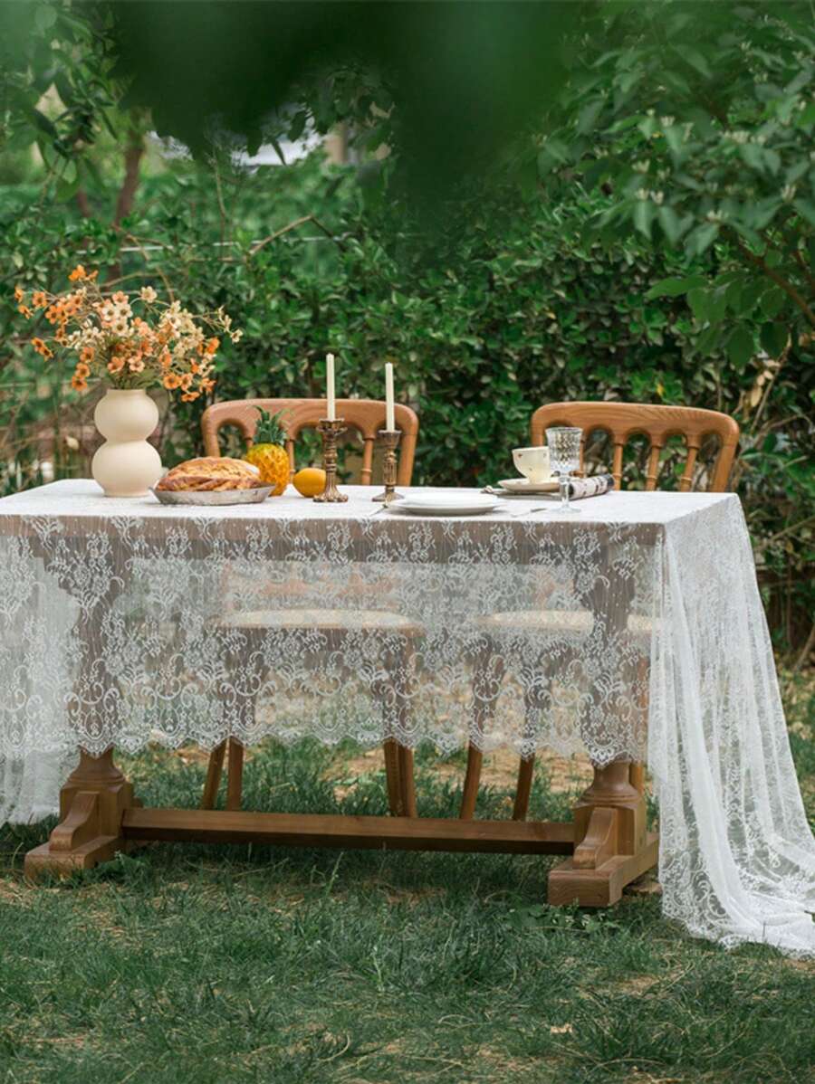 Mantel rectangular de encaje blanco bordado, estilo francés retro, para festivales, bodas, fondos de fotografía, tela decorativa - Blanco - Ver 1