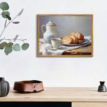 1 Piece, Canvas Hanging, Framed Decorative Painting, Coffee And Bread, Kitchen Still Life, Vintage Farmhouse Decor Art, Oil Painting Print, Country Kitchen Wall Art, Spring Afternoon Tea Decor Mural, French Decor, Spring Home Decor Gifts Birthday Graduation