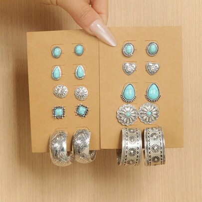 5-10 Pairs Antique Silver Turquoise Stone Decor Western Concho Studs Hoop Earrings Set For Women