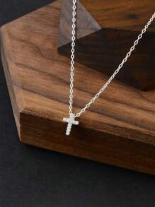1pc Elegant Cubic Zirconia Decorated S925 Sterling Silver Cross Pendant Necklace, Gift For Women