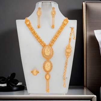 5 件镀金玫瑰图案优雅婚礼派对首饰套装，包括金色 + 香槟金星尘设计 V 形流苏颈链，适合作为母亲节、情人节礼物，适合女性、妈妈、母亲、母亲节、礼物