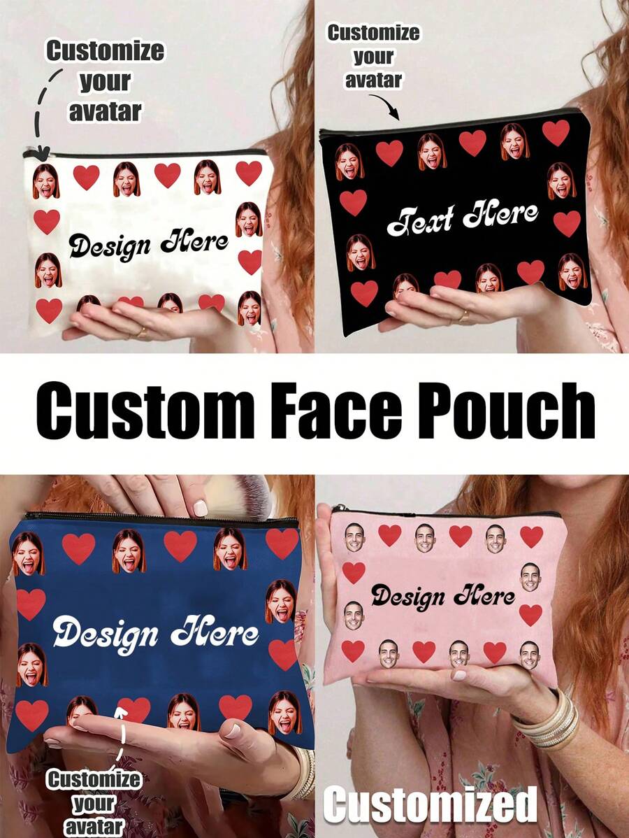 1pc Custom Face Pouch Cosmetic Bag With Photo Picture Customized Friend's/Family's/Your Own Face-Personalized Photo Collage Tote Bag-Gift For Girlfriend/Wife, Valentines Gift - Multicolor - View 1