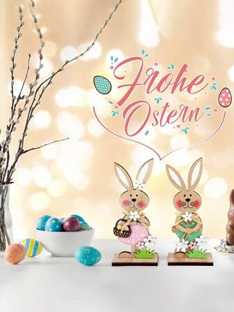 2 pezzi Set di decorazioni in legno a forma di coniglio di Pasqua con accenti floreali e cestino - ottimo per il giardino e la decorazione domestica