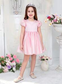 Little Girls Elegant Ruffle Pearl Embellished Princess Dress, For Wedding, Party, Birthday - Pink - View 3