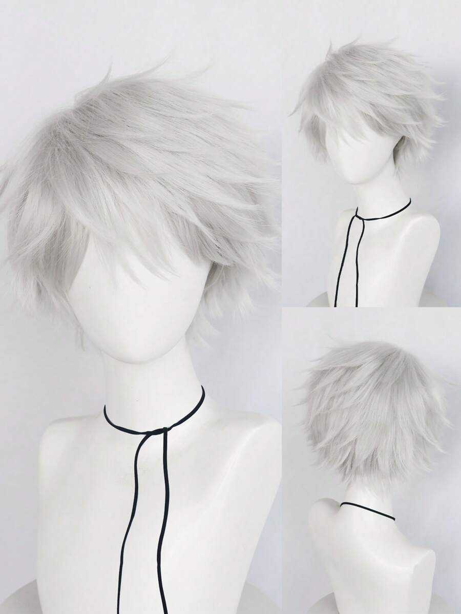 Unisex Short Silver Fluffy Straight Anime Cosplay Wig, Synthetic Glueless Heat Resistant High Temperature Fiber Hair With Bangs, For Halloween Party Costume School Carnival Concerts Vacation Photography Themed Events Comic Con Exhibition Daily Wear For Holiday Birthday Thanksgiving Day Gift For Christmas New Year Decorations & 1pc Wig Cap