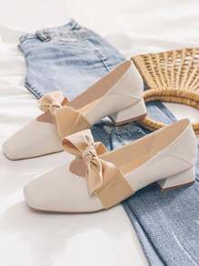 HanDuEke Women's Big Bow Square Toe Chunky Heel Slip-On Flats, Fashion Princess Style Comfortable Shoes, 2025 New Arrival