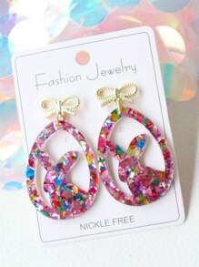 1 Pair Acrylic Bling Sequin Rabbit Eggs & Bow Knot Earrings, Exaggerated Festival Party Dangle Studs