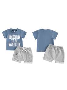 Boys Summer Shorts Sets Short Sleeve O Neck Letter Print Tops And Solid Color Shorts Sets - Blue - View 4