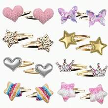 16pcs/Pack Cute Girls Hair Accessories - Star & Heart Shaped Hair Clips, Colorful Hair Clips, Snap Hair Clips, Metallic Sequin Hair Clips - Multicolor - View 1