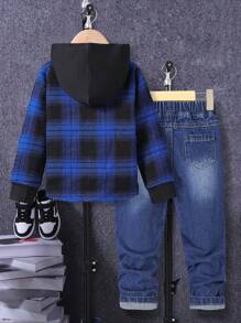 2 pezzi/Set Camicia a quadri con cappuccio per bimbi maschi abbinata a pantaloni di jeans con tasche laterali stile strada cool