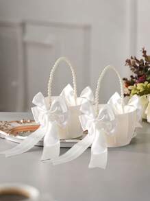 Satin White Bow Faux Pearl Wedding Flower Basket, Create A Romantic Wedding, Ideal For New Year Decoration And Gift-Giving