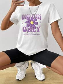 T-shirt casual a maniche corte con collo tondo, grafica floreale e slogan "GOOD VIBES ONLY", magliette grafiche da donna