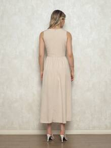 Elegant Women's Crepe Dress - Fitted Waist, Discreet Neckline And Loose Skirt - Ideal For Formal And Casual Events - 米色 - 查看 3