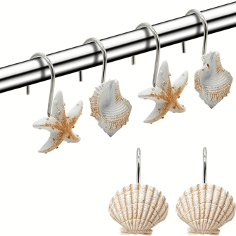12pcs Seashell Design Rust-Proof Resin Shower Curtain Hooks, Suitable For Bathroom, Nursery, Bedroom, Living Room Decoration (Light Brown Seashell) Home Bathroom Decor Fall Decor Bathroom Accessories Back To School