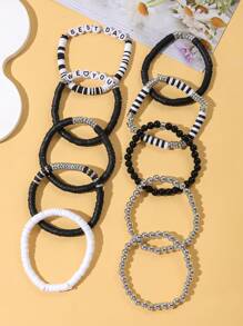 10pcs Black & White Soft Ceramic CCB Letter Beaded Bracelets, Minimalist Elegant Design For Women