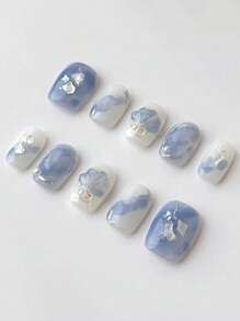 10 件渐变蓝白贝壳设计指甲贴，可拆卸短款优雅 DIY 美甲贴片 美甲用品 美甲
