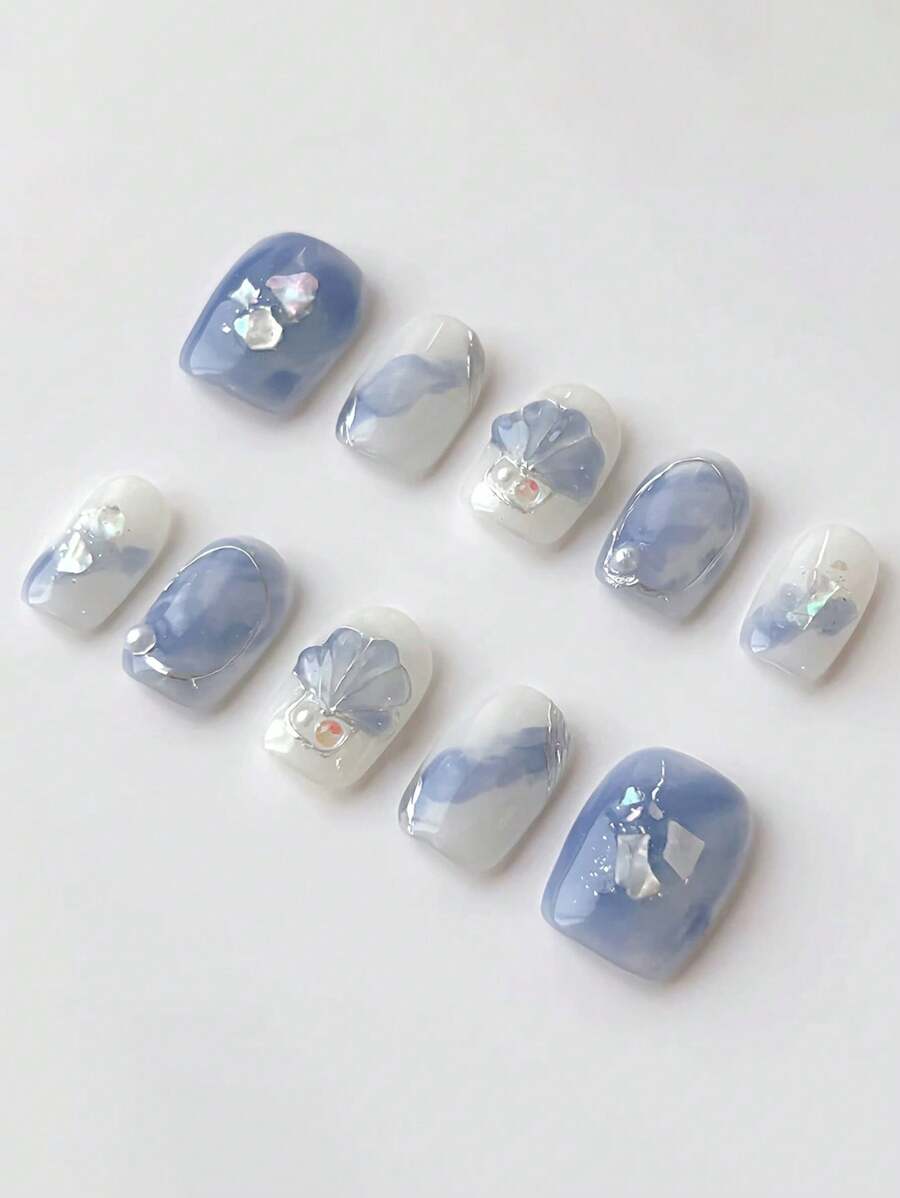 10 件渐变蓝白贝壳设计指甲贴，可拆卸短款优雅 DIY 美甲贴片 美甲用品 美甲