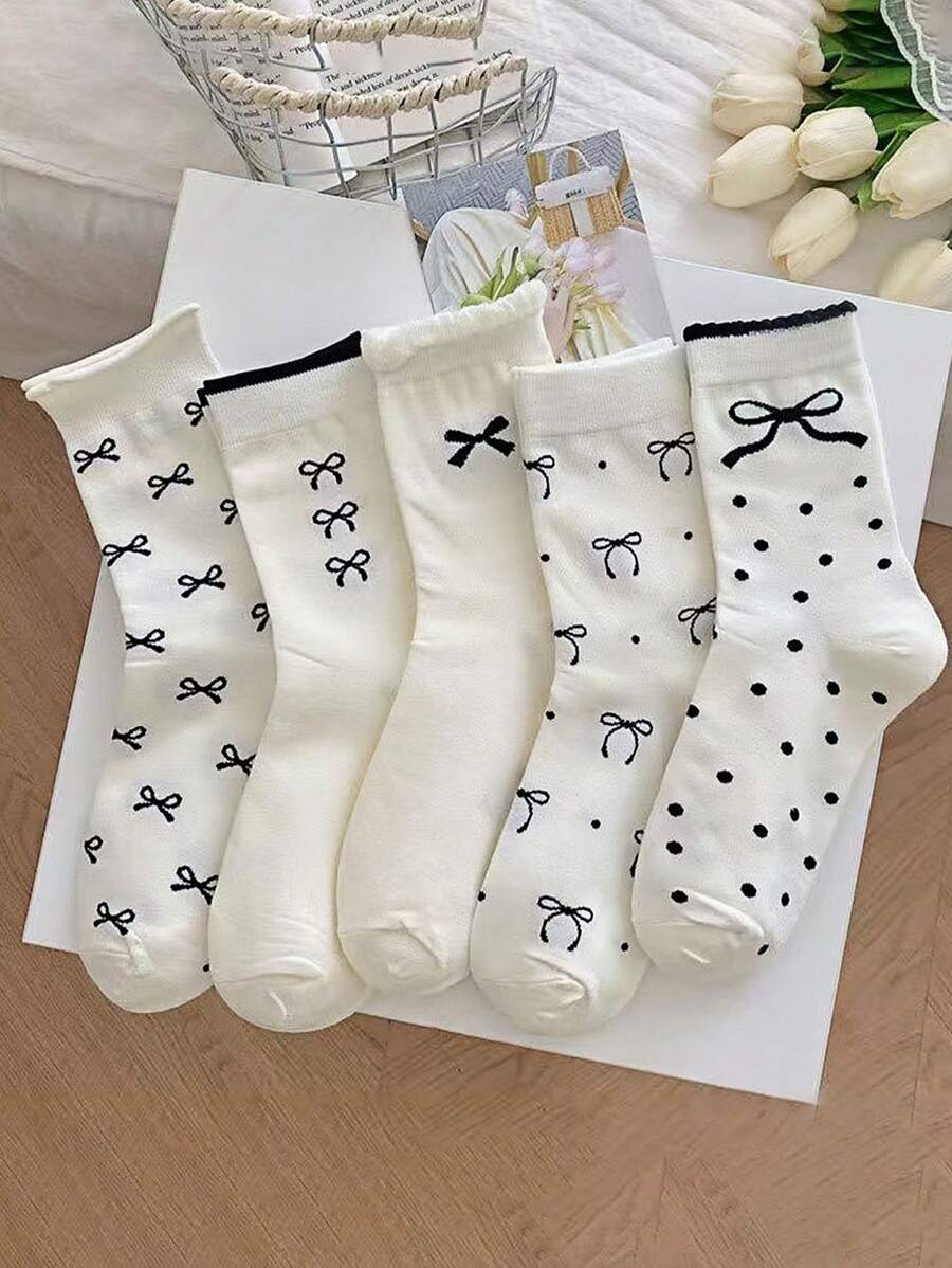 5 pares de nuevos calcetines tipo tripulación con diseño de lazo y volantes para mujer, calcetines largos lindos y dulces con diseños de dibujos animados, cómodos y versátiles, de estilo apto para todas las estaciones