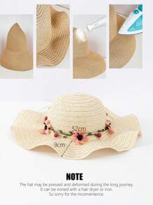 1 件女童米色波浪边太阳帽，带花卉蝴蝶结装饰，波西米亚风格，适合夏季户外活动、海滩度假、日常穿着、母女搭配 - 花環波浪草帽 - 查看 9
