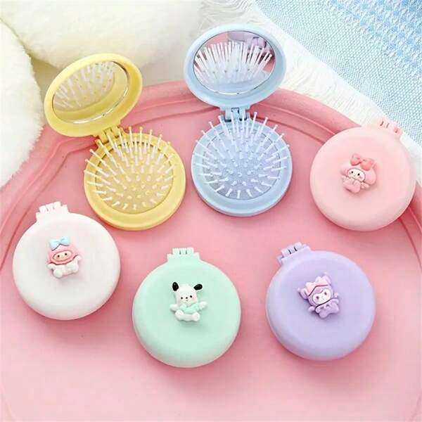 (Authorized) Sanrio Hello Kitty Portable ABS Resin Mini Comb With Makeup Mirror, Portable Folding Travel Daily Hairstyling Tool, Cartoon Cute Airbag Comb Massage Scalp, Suitable For Various Gifts