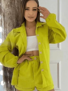 Conjunto Feminino Shorts e Camisa manga Longa com botão em linho - Verde Limão - Visão 1