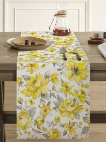 1pc Linen Table Runner With Yellow Flowers And Grey Leaves, Floral Gift Design Table Cloth, Suitable For Home, Restaurant And Dining Room, Table Decoration, Home Decor, Indoor And Outdoor Party Supplies - Multicolor - View 11